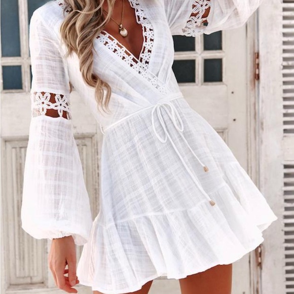 Hello Molly White Lace-Up Mini‎ Dress Boho Coastal Cowgirl Medium - Picture 1 of 6